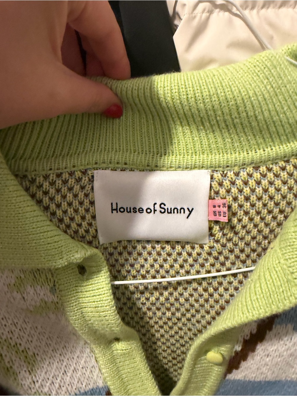 House of Sunny Light Blue and Lime Palm-Print Knit Cardigan - Picture 4 of 4